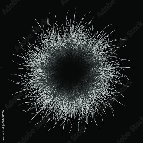 Black and white pompon. Fluffy pompon isolated. Fur ball. 3D vector illustration.