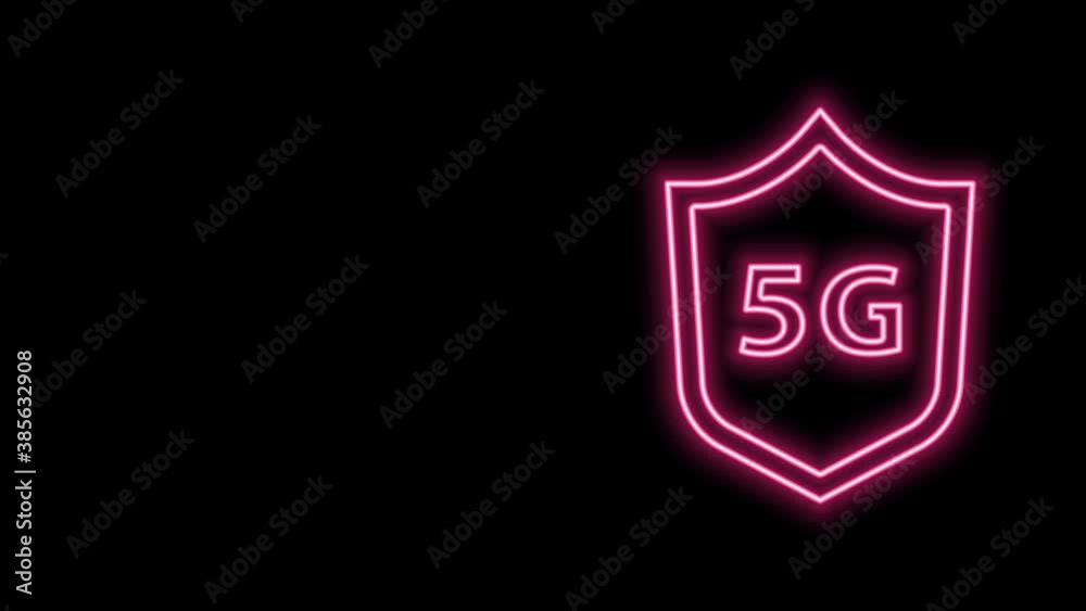 Glowing neon line Protective shield 5G wireless internet wifi icon isolated on black background. Global network high speed connection data rate technology. 4K Video motion graphic animation Glowing neon line Protective shield 5G wireless internet wifi icon isolated on black background. Global network high speed connection data rate technology. 4K Video motion graphic animation