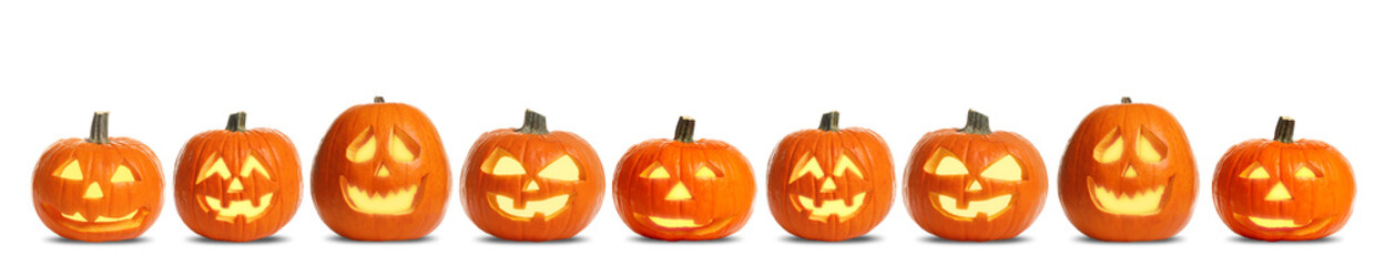 Set of carved Halloween pumpkins on white background. Banner design