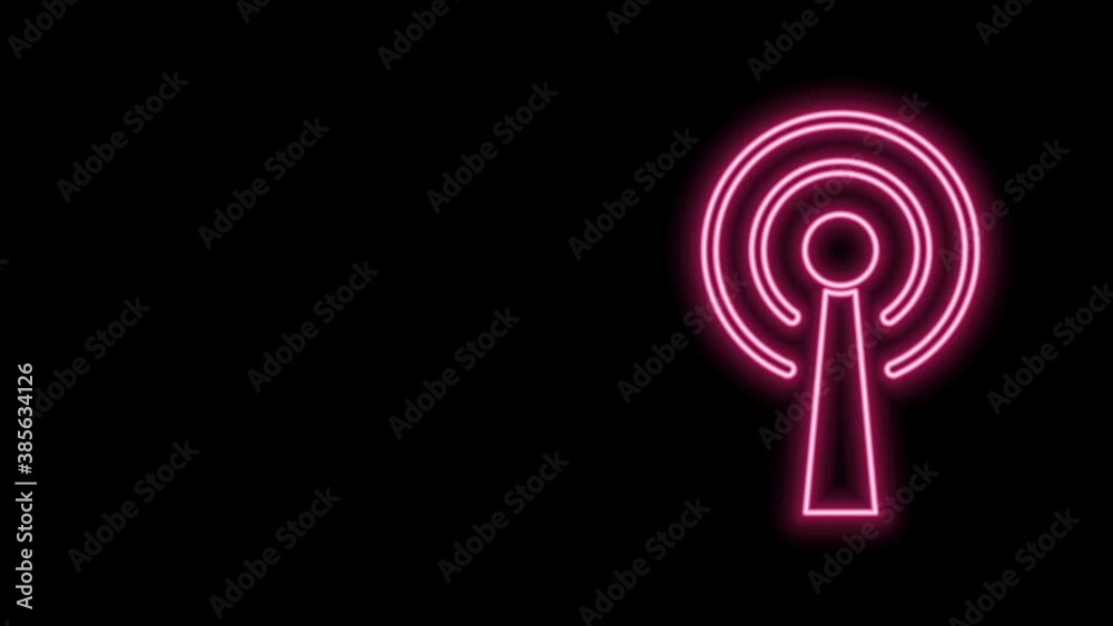 Glowing neon line Antenna icon isolated on black background. Radio antenna wireless. Technology and network signal radio antenna. 4K Video motion graphic animation Glowing neon line Antenna icon isolated on black background. Radio antenna wireless. Technology and network signal radio antenna. 4K Video motion graphic animation
