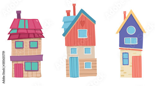 Cute cartoon houses collection. Funny colorful kid vector house set.