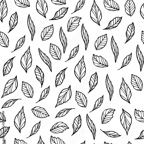 Seamless Leaves pattern. Vector black and white background and texture