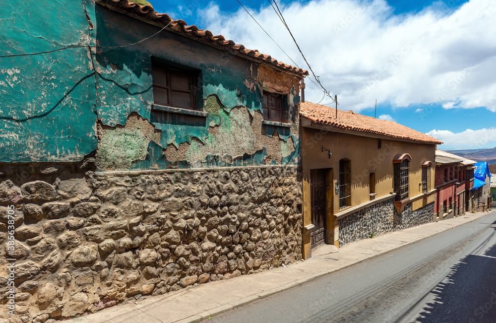 Street with colonial style facade architecture, Potosi, Bolivia.