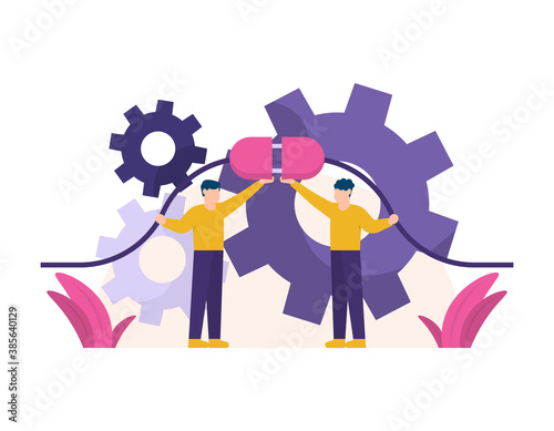 illustration of two men connecting a cable or plug to power or turn a gear. the concept of repair and maintenance, problem solving, sabotage. flat style. design element