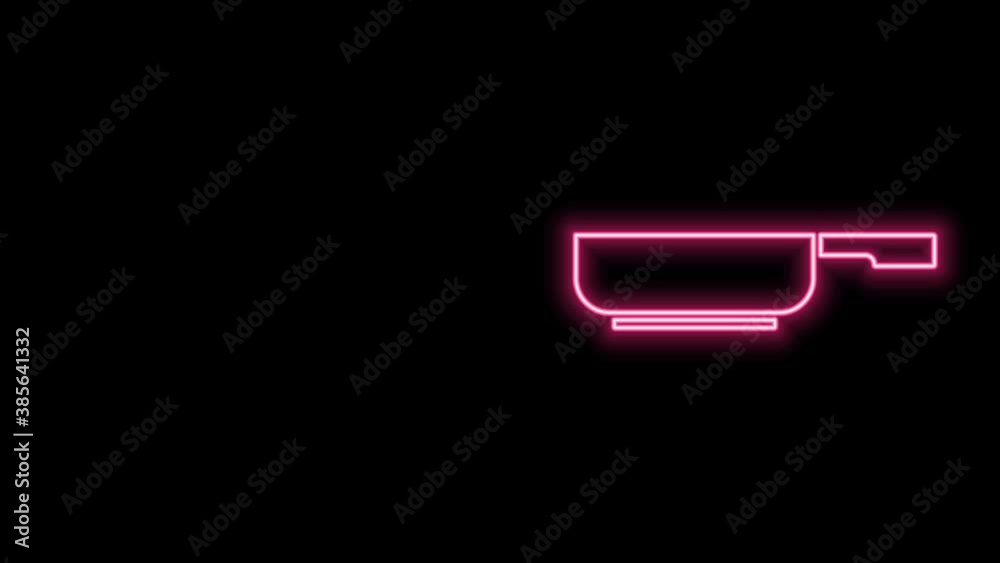 Glowing neon line Frying pan icon isolated on black background. Fry or roast food symbol. 4K Video motion graphic animation Glowing neon line Frying pan icon isolated on black background. Fry or roast food symbol. 4K Video motion graphic animation