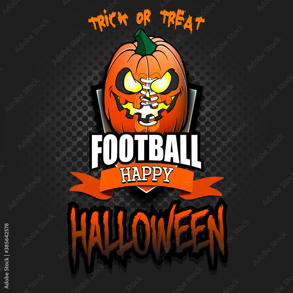 Happy Halloween. Template football design. Logo football ball in the form of a pumpkin on an isolated background. Pattern for banner, poster, greeting card, party invitation. Vector illustration