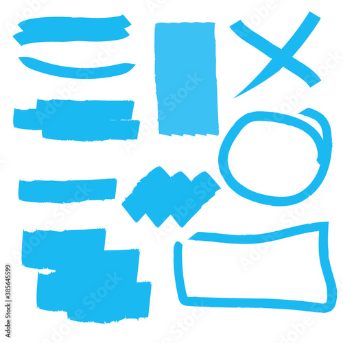 Shapes drawn with blue marker. Stroke figures. Brush lines from paint. Vector illustration. Stock image.