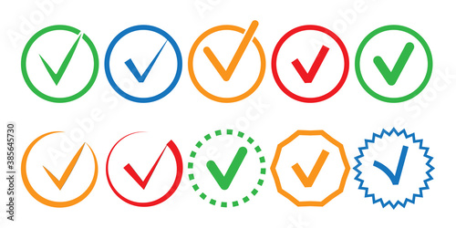 Check mark icon. Control tick for the checklist. Colored markers in circles. Vector illustration. Stock image.