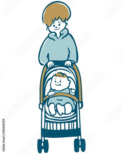 ルーズな線で描いたベビーカーと親子のイラスト Illustration of stroller and parent and child drawn with loose lines