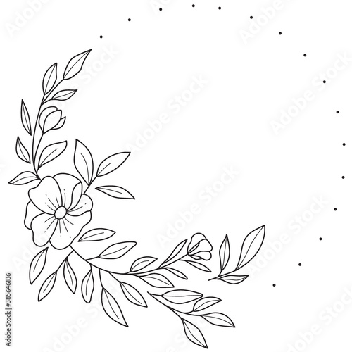 Floral Wreath branch in hand drawn style. Floral round black and white frame of twigs  leaves and flowers. Frames for the Valentine s day  wedding decor  logo and identity template.