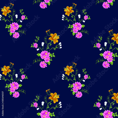 seamless small vector flower design pattern  on navy background © Parth Patel