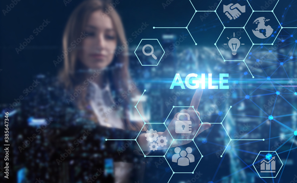Business, technology, internet and network concept. Young businessman thinks over the steps for successful growth: Agile Business, technology, internet and network concept. Young businessman thinks over the steps for successful growth: Agile