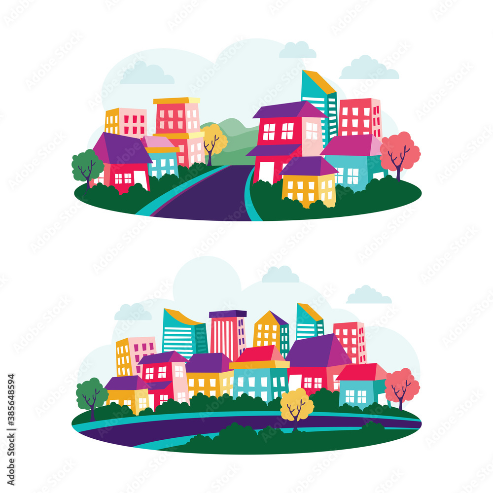 Cartoon cityscape Landscape Vector illustration, Cute and lovely with colorful and flat style
