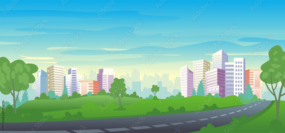 Urban highway with city skyline and park area, highway view and nature landscape vector illustration
