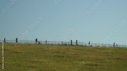 Tourists Walking Beyond The Wooden Fence At Anseong Farmland In Gyeonggi-do, South Korea.  day time, wide shot photo