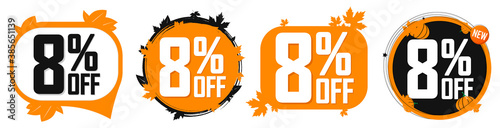 Set Sale 8% off banners, Autumn discount tags design template, Fall lowest price, vector illustration