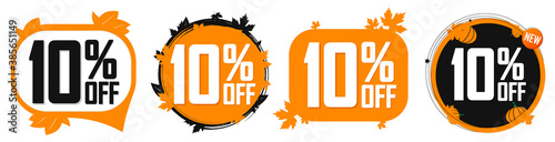 Set Sale 10% off banners, Autumn discount tags design template, Fall lowest price, vector illustration