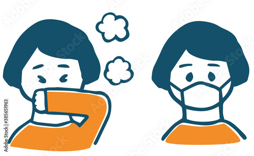 咳をする人とマスクする人のルーズな線画Loose line art of coughing and masking people