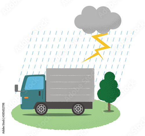 雷雨の被害に遭う緑色のトラックのベクターイラスト