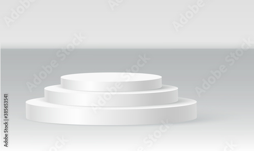Single disc podium scene, winner pedestal. White cylinder template for showroom podium scene. Vector white pedestal for product presentation.