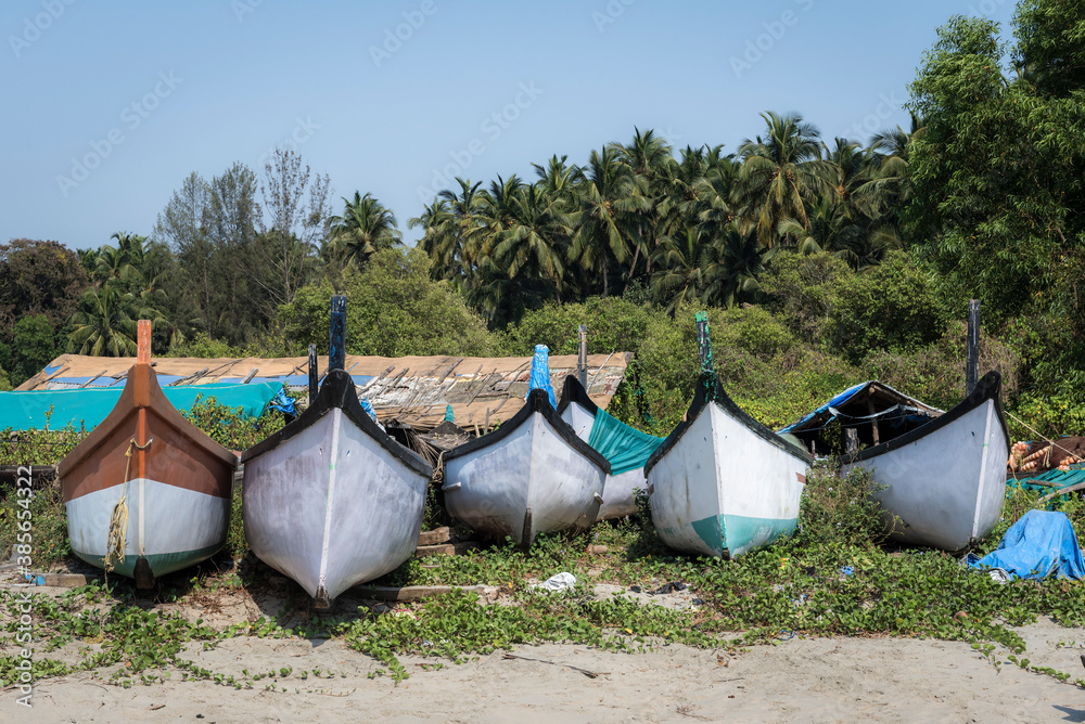Fishing boats on the sandy shore near the jungle in India