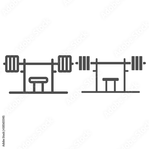 Rack with a barbell line and solid icon, Gym concept, barbell on rack sign on white background, Dumbbell stand icon in outline style for mobile concept and web design. Vector graphics.