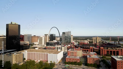 Cityscape Concept - Downtown Buildings & Archway in St. Louis, Missouri - Aerial Drone establishing View photo