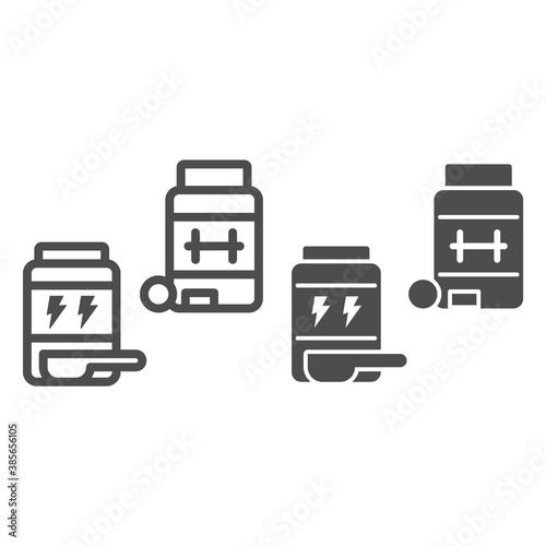 Sports nutrition line and solid icon, Gym concept, jars with supplement sign on white background, Bottles of pills icon in outline style for mobile concept and web design. Vector graphics.