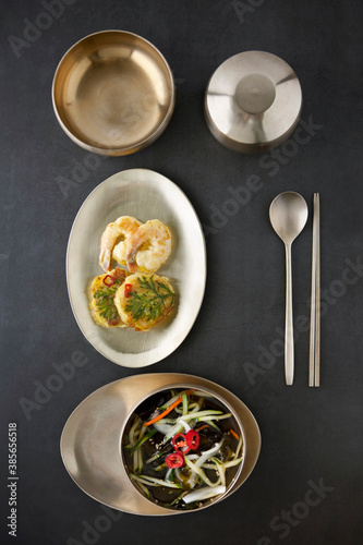 Korean traditional food, Korean pancake and Cold Seaweed Soup.