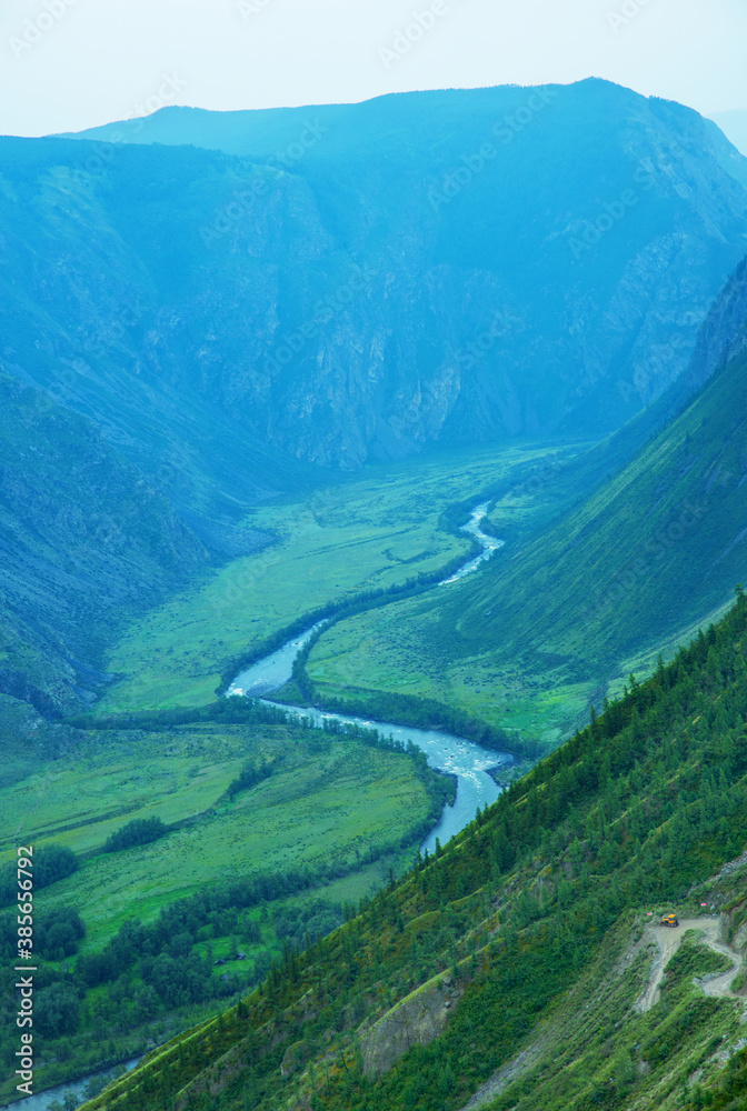 Chulyshman river valley view from the katu yaryk pass