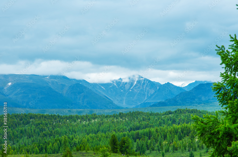 View of the snowy peaks in the mountains of Altai