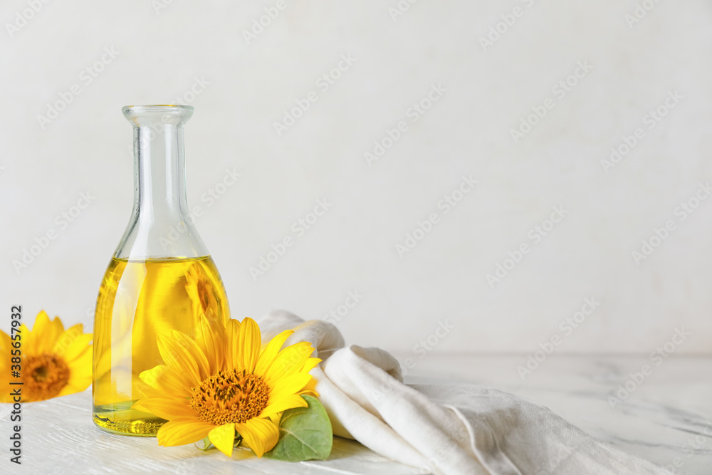 Bottle of sunflower oil on table Bottle of sunflower oil on table