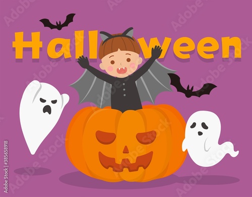 Cute kid dressed up as bat, halloween, cartoon character comic vector illustration