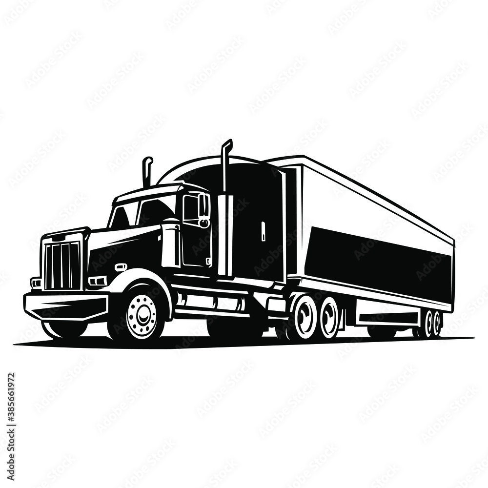 semi trailer truck vector on black and white background, semi truck silhouette, vector container truck