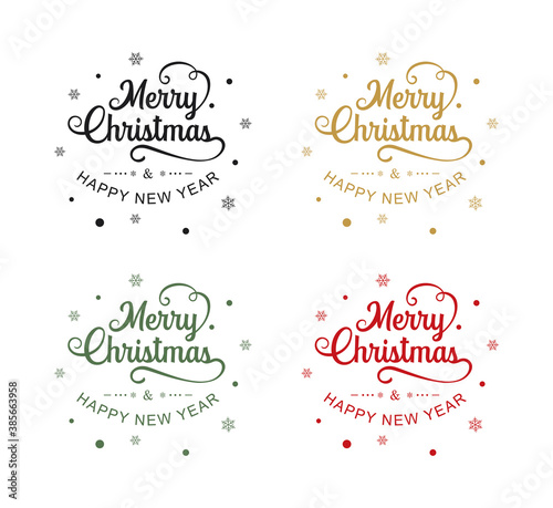 Merry christmas and happy new year typography label with symbols design set. Use for sticker, badge, crafts, greeting card.