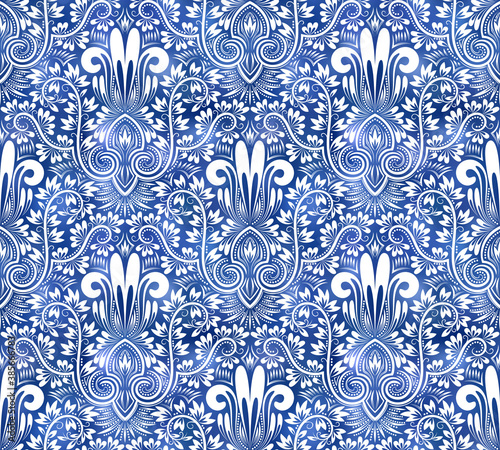 Vintage indigo dyed textile seamless pattern. Boho blue ink background.