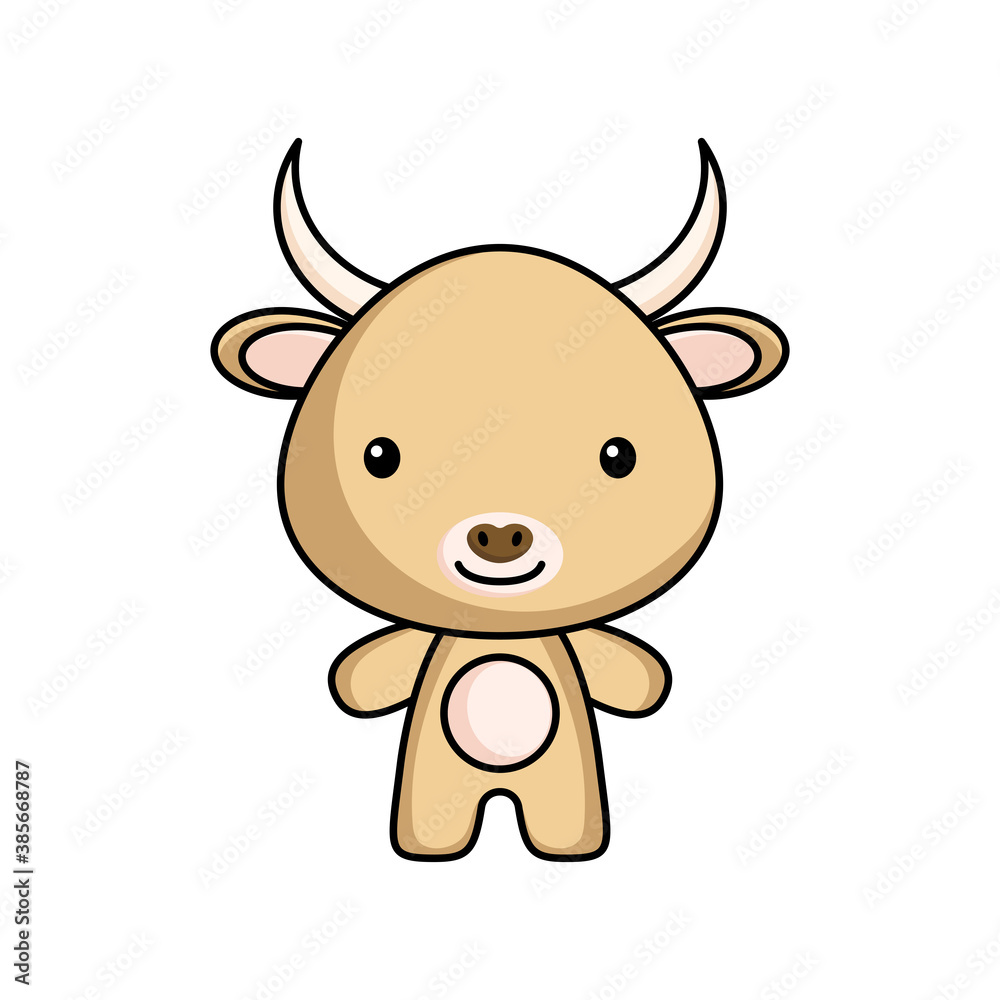 Cute cartoon yak logo template on white background. Mascot animal character design of album, scrapbook, greeting card, invitation, flyer, sticker, card. Vector stock illustration.
