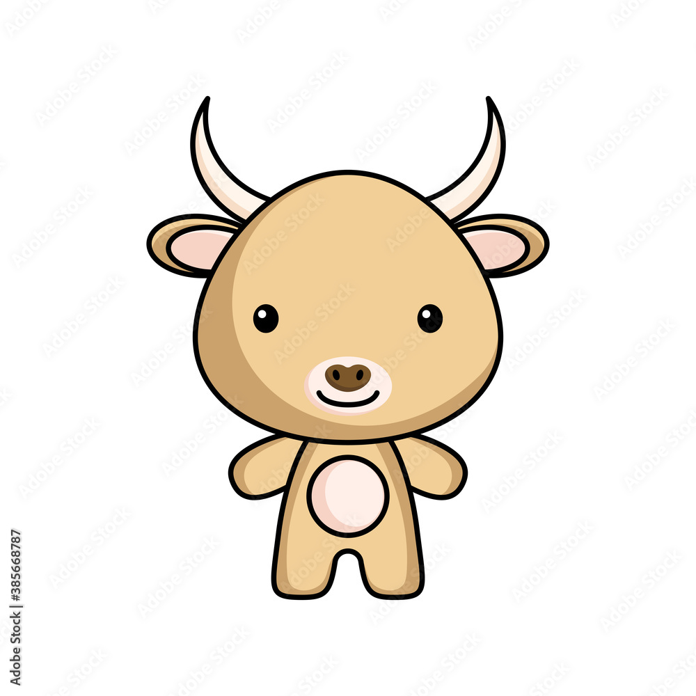 Fototapeta premium Cute cartoon yak logo template on white background. Mascot animal character design of album, scrapbook, greeting card, invitation, flyer, sticker, card. Vector stock illustration.