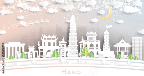 Hanoi Vietnam City Skyline in Paper Cut Style with Snowflakes, Moon and Neon Garland.