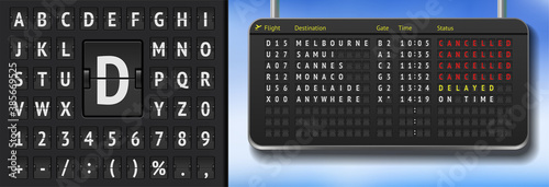 3D Airport scoreboard with cancelled flights due to covid pandemy. Vector Realistic flip airport scoreboard template. Black airport timetable with departures. Airport alphabet board on dark background