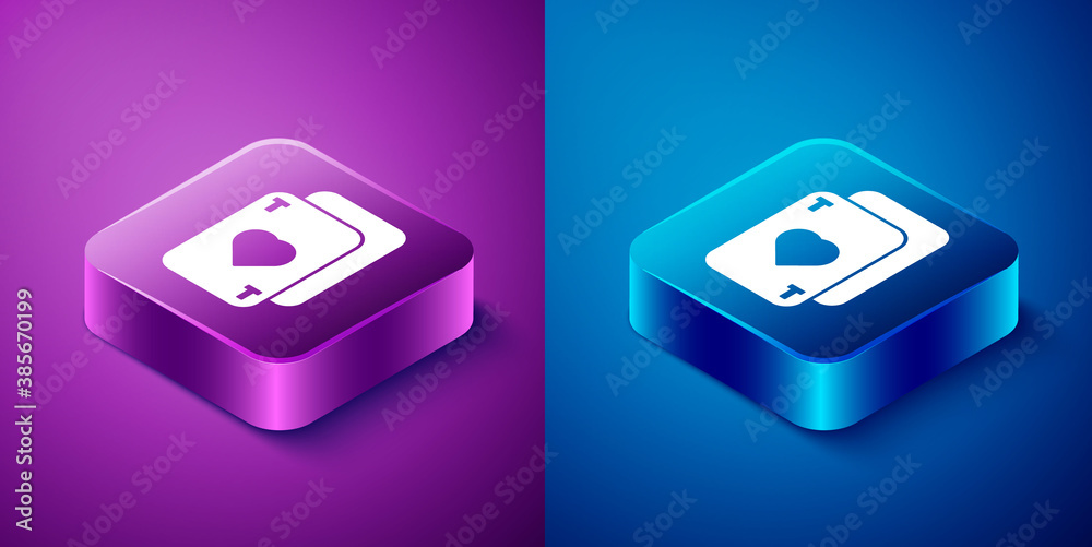 Isometric Playing cards icon isolated on blue and purple background. Casino gambling. Square button. Vector Illustration.