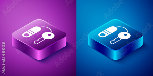 Isometric House with key icon isolated on blue and purple background. The concept of the house turnkey. Square button. Vector Illustration.