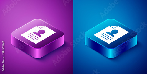 Isometric Resume icon isolated on blue and purple background. CV application. Searching professional staff. Analyzing personnel resume. Square button. Vector.