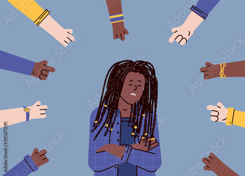 Depressed sad woman surrounded with pointing hands for concept of bullying and gossiping, flat cartoon vector illustration. Harassment and slander, detraction on women.