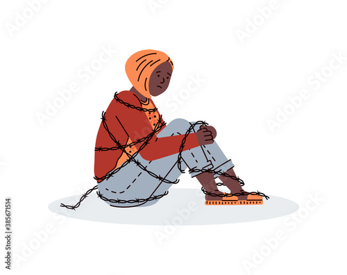 Depressed, lonely teenager girl is sitting on floor, hugging her knees. Sad, unhappy young woman entangled by barbed wire. Female psychology, suicide prevention. Vector illustration
