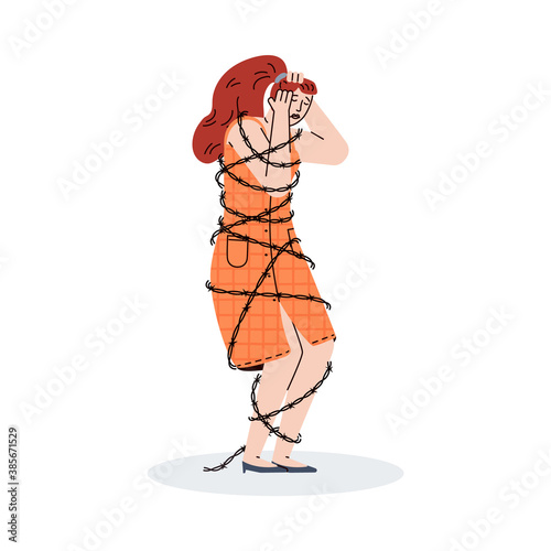 Depressed young woman stands entangled by barbed wire. A sad, unhappy, powerless, desperate girl covering her head with her hands. Vector illustration isolated on white background.