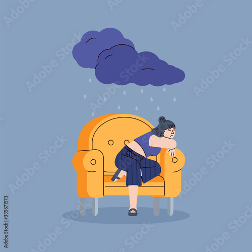 Depressed sad young woman sitting alone in a yellow chair. Unhappy upset girl in rain from a dark cloud. Psychology, female psyche, bad mood and stress. Vector line illustration