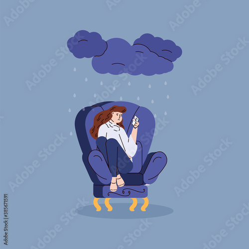 Depressed sad young woman sitting alone in chair in rain from a dark cloud. Unhappy upset girl reads the chat on the mobile phone screen. Vector illustration