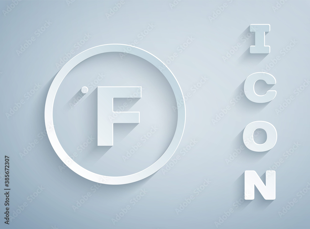 Paper cut Fahrenheit icon isolated on grey background. Paper art style. Vector. Paper cut Fahrenheit icon isolated on grey background. Paper art style. Vector.