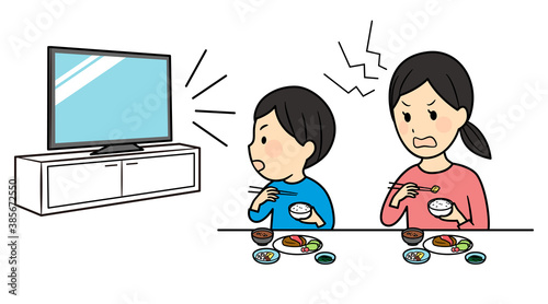 illustration of boy watching TV while he is eating